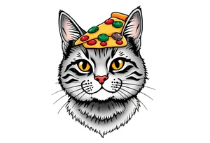 fat grey tabby cat portrait with pizza slice on its head tattoo idea