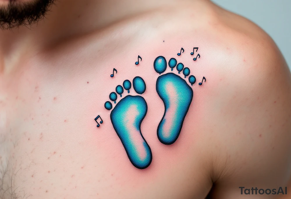 Turquoise and soft violet footprints of Petr, surrounded by little music notes that reflect his lively and joyful spirit. tattoo idea