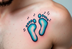 Turquoise and soft violet footprints of Petr, surrounded by little music notes that reflect his lively and joyful spirit. tattoo idea
