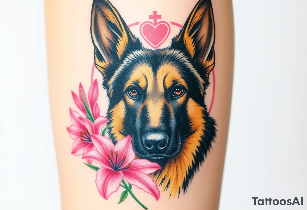 realistic german shepherd looking protective with pink lilies in front of a sacred heart tattoo idea