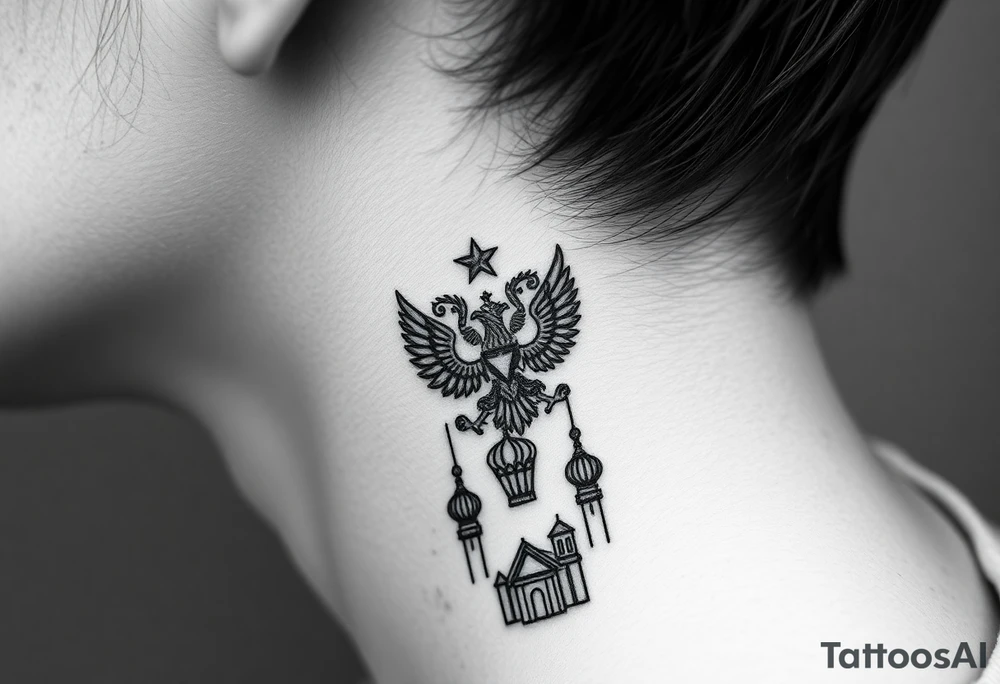 Stacked Vertical Column 

Russian star — small, bold
Middle: Miniature double-headed eagle — simplified, cleaner lines to suit the smaller space
Bottom: Orthodox church dome(s) with a small Virgin Mary silhouette beneath tattoo idea