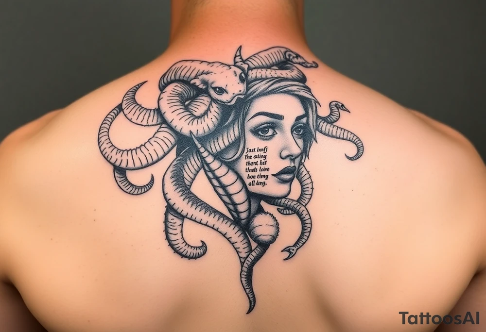 Medusa with snakes but one side of the face is a pretty woman with a scripture tattoo idea