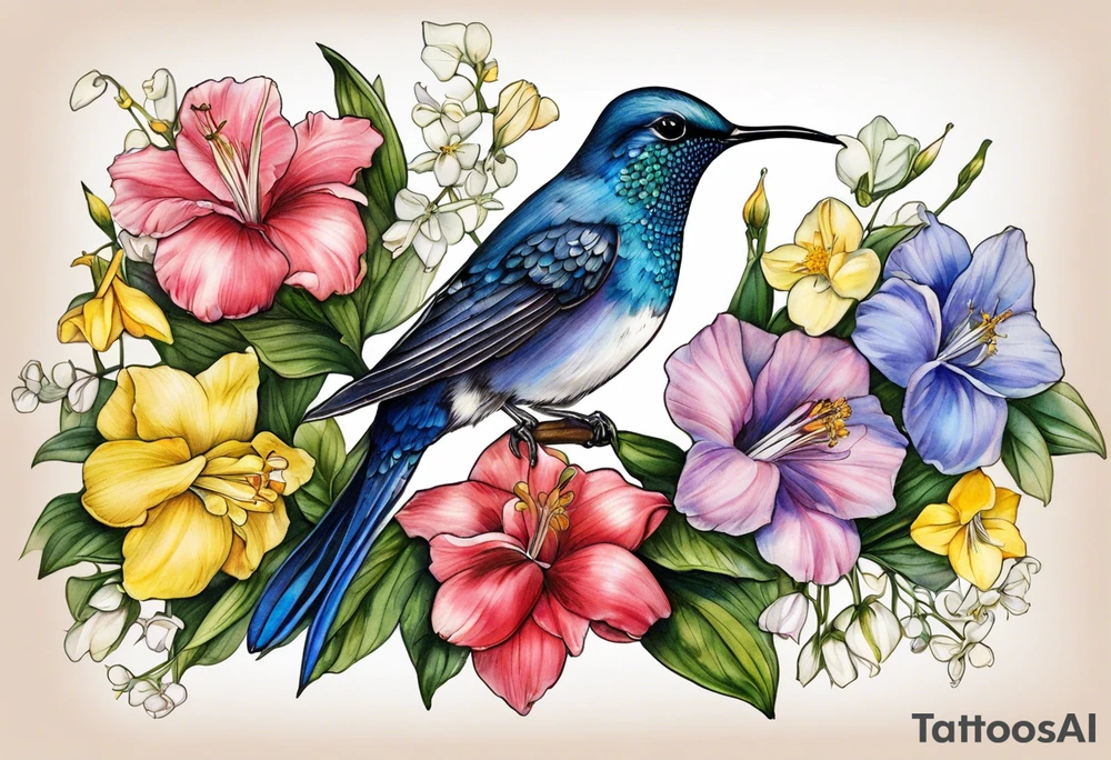 Humingbird made out of Carnation, Snowdrop, Violet, Primrose, Daffodil, jonquil, Lily of the Valley, Hawthorne, Rose, Honeysuckle, Larkspur, Water Lily, Gladiolus & Poppie, Aster, Morning Glory, Chrysanthemum,  Peony, Holly, Narcissus tattoo idea