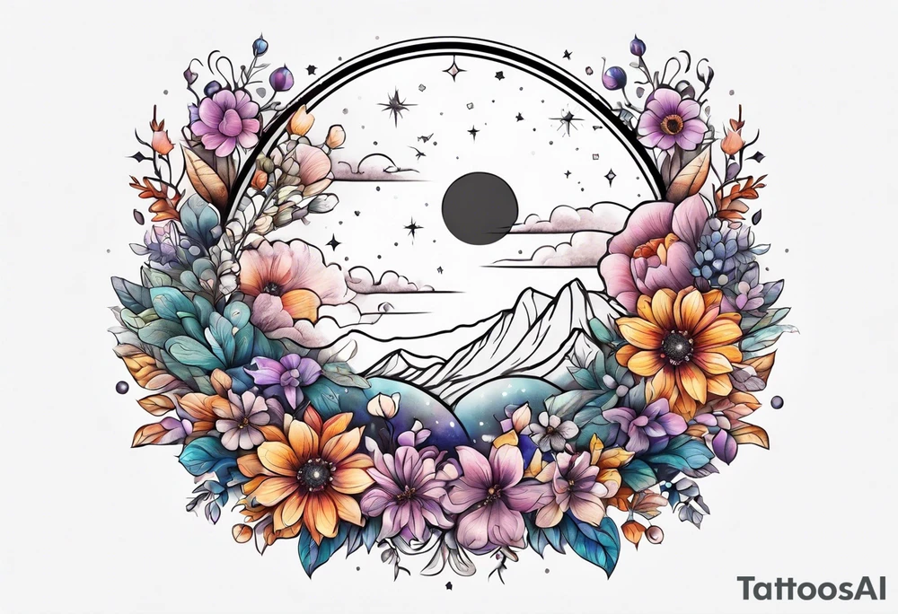 Moon made out of flowers and crystals tattoo idea