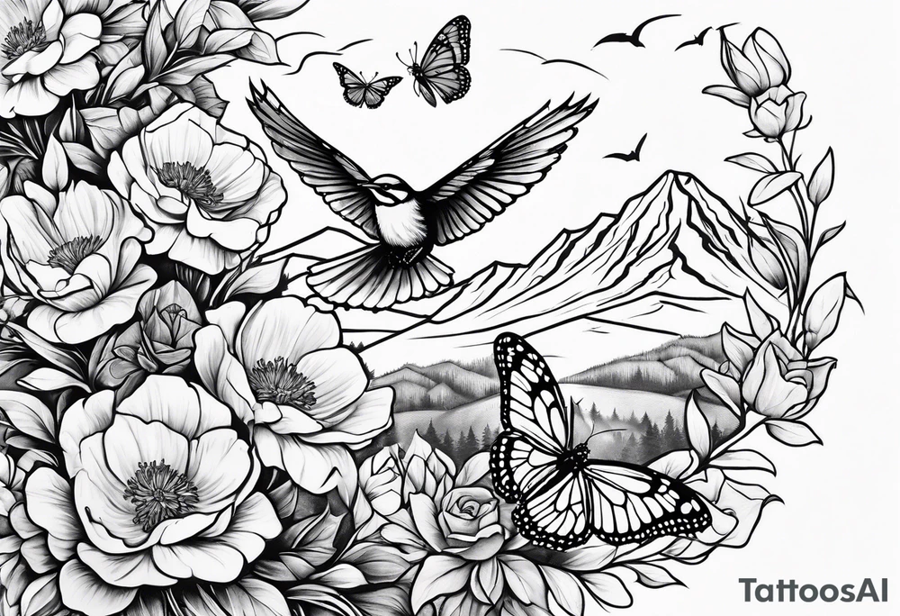 Rocky mountain peak with mountain blue birds and monarch butterflies with wild prairie roses for a half sleeve tattoo idea