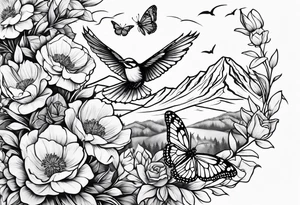 Rocky mountain peak with mountain blue birds and monarch butterflies with wild prairie roses for a half sleeve tattoo idea