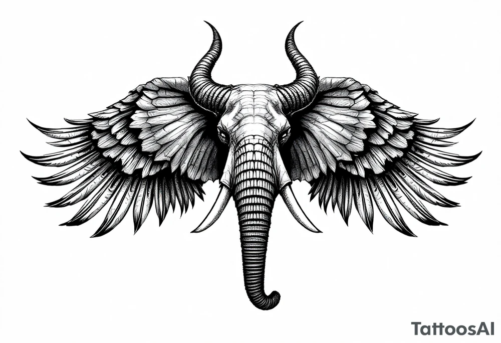 A hieroglyphic, detailing an African elephant with horns and wings that resemble that are a falcons tattoo idea