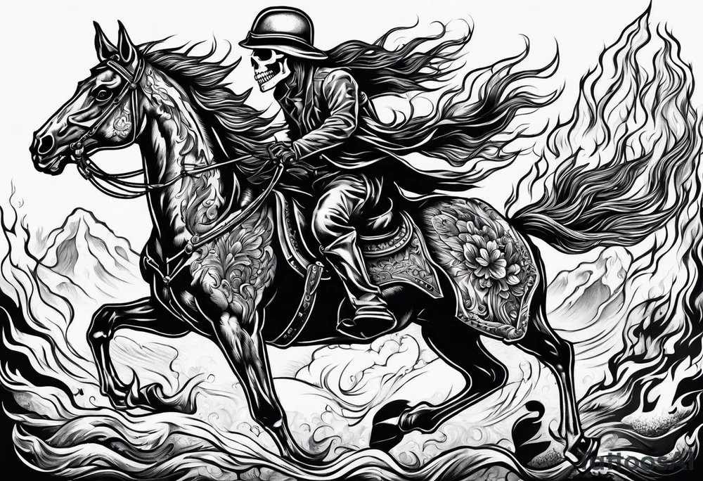 Skeleton riding a horse on fire tattoo idea