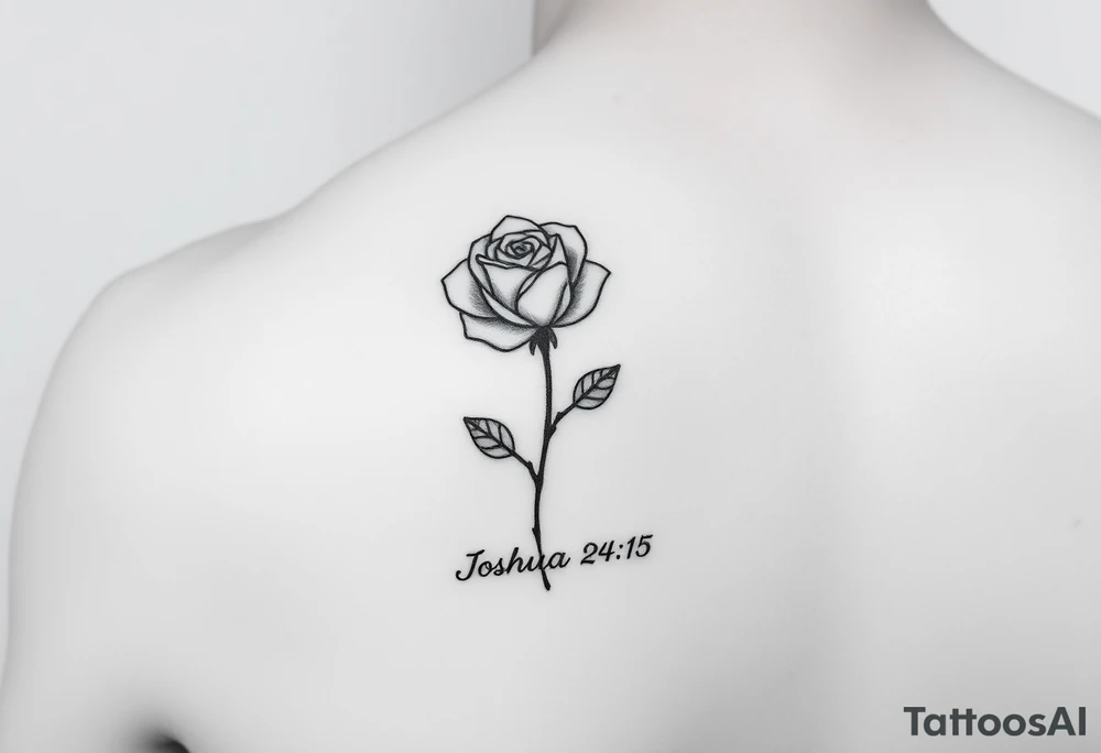 fine-line rose on my inner wrist, with the stem flowing down into the word Joshua 24:15 in tiny clean text underneath. Blessed with blessed added tattoo idea
