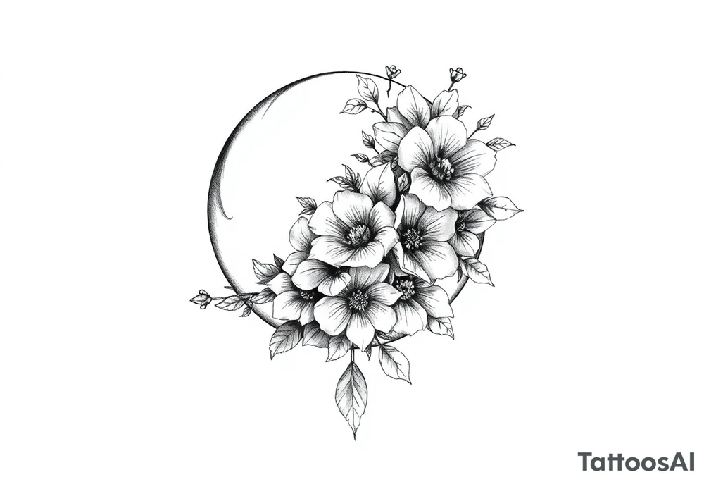moon-shaped diferent flowers tattoo idea