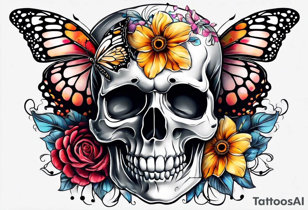 pretty skull tattoo with butterfly and flowers on tights tattoo idea