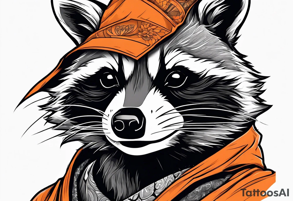 Raccoon wearing an orange Superman hoodie tattoo idea