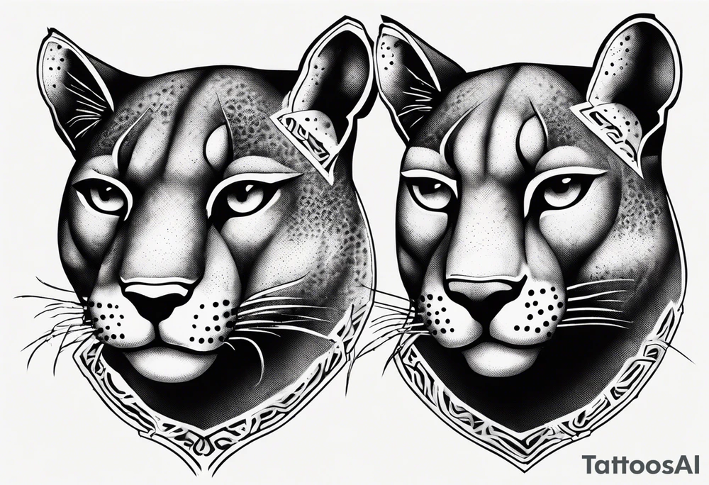 Two black pumas walking past each other and looking at each other, seen from above tattoo idea
