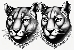 Two black pumas walking past each other and looking at each other, seen from above tattoo idea