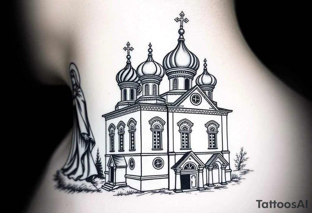medium sized Russian orthodox church with bulb domes with a prominent russian orthodox style virgin mary stood outside to the left tattoo idea