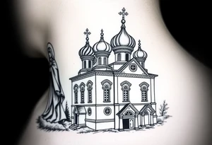 medium sized Russian orthodox church with bulb domes with a prominent russian orthodox style virgin mary stood outside to the left tattoo idea