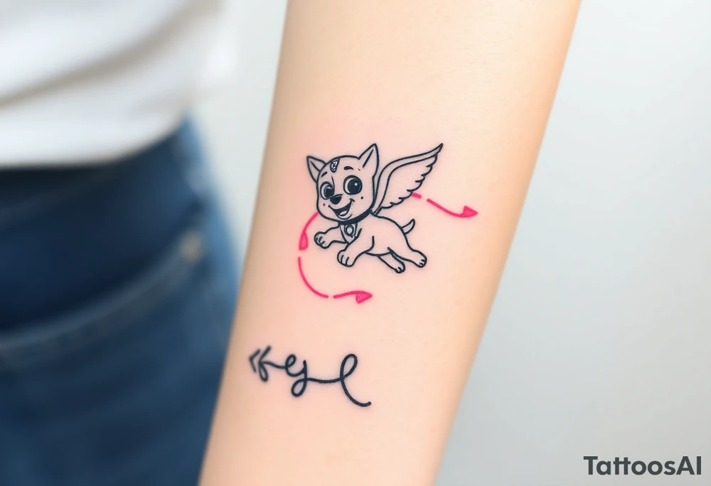 The Paw Patrol member Skye soaring in the air with outstretched wings, with wind currents and pink ribbons swirling around her. tattoo idea