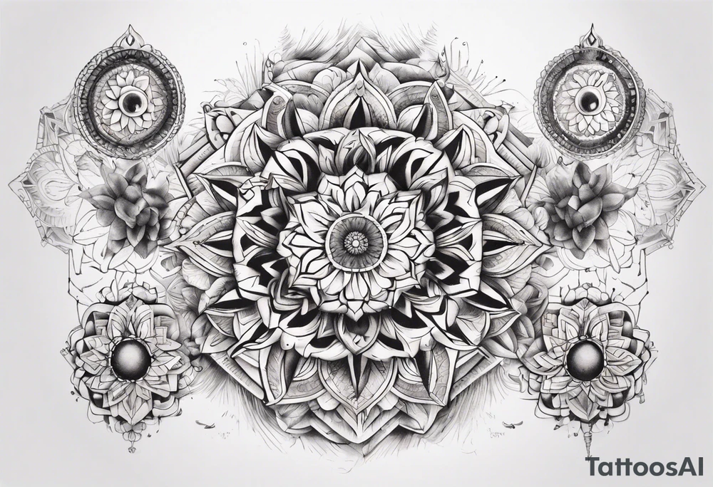 tattoo on both arms going to the chest. mixing mandalas with beautiful girls mix of geometric objects tattoo idea