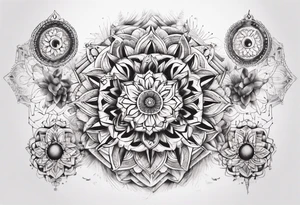 tattoo on both arms going to the chest. mixing mandalas with beautiful girls mix of geometric objects tattoo idea