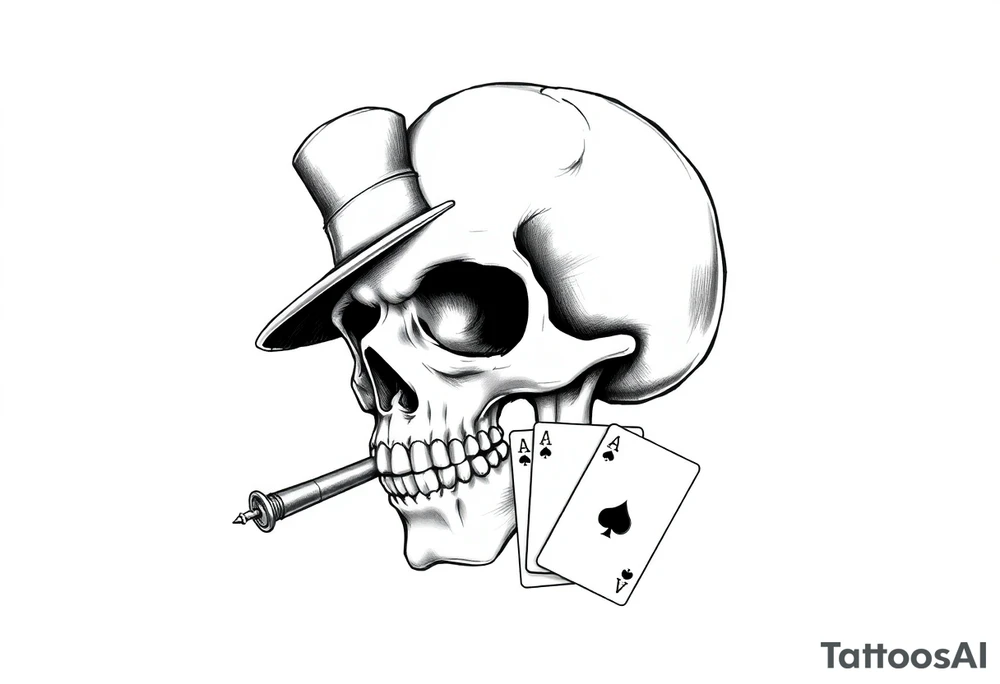 skull with top-hat and cigar in his mouth, playing cards. tattoo idea