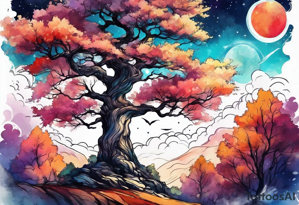 Tree with space fightera in the background tattoo idea