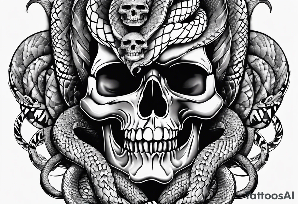 Snake intertwined into a realistic skull tattoo idea