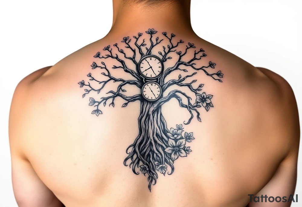 tree of life with cosmic roots and celestial branches, clock, flowers, tattoo idea