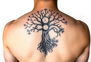 tree of life with cosmic roots and celestial branches, clock, flowers, tattoo idea