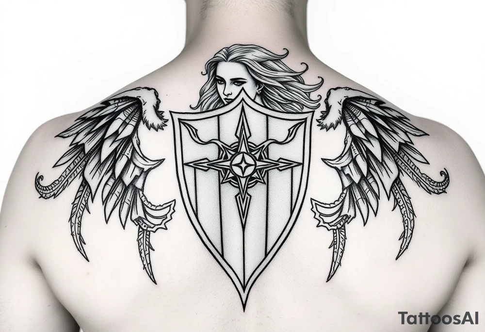 Shield maiden, black work, intricate lines tattoo idea
