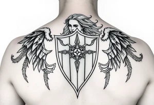 Shield maiden, black work, intricate lines tattoo idea