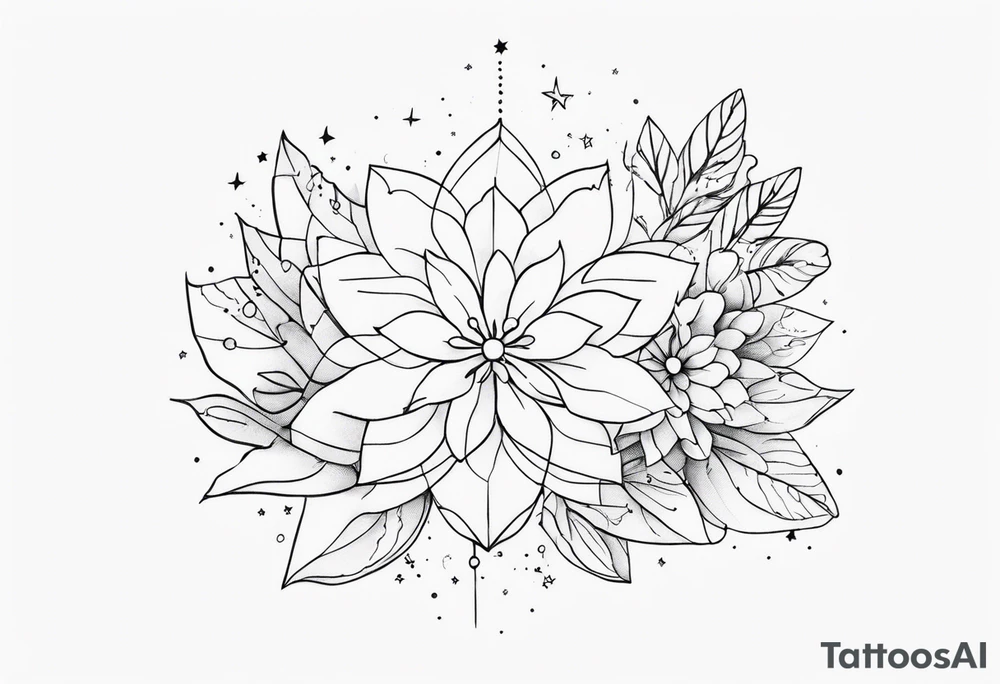 fine line with stars, floral, dots tattoo idea
