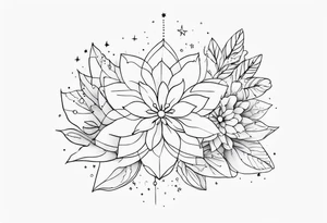 fine line with stars, floral, dots tattoo idea