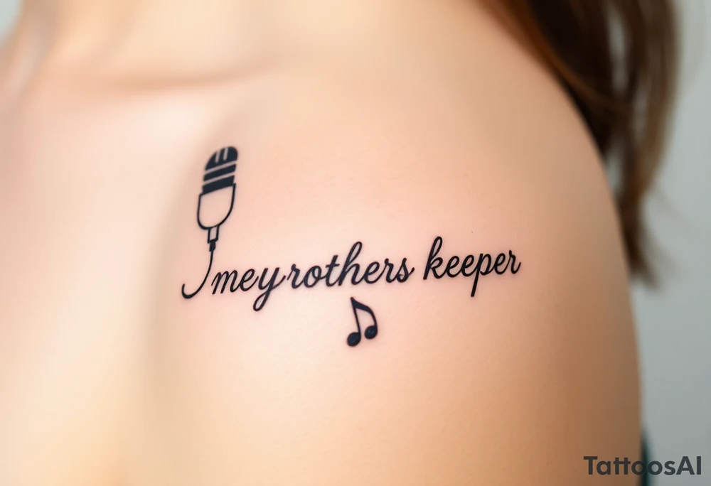 A microphone wire mixed together and writing the words “My brothers keeper” and music notes tattoo idea