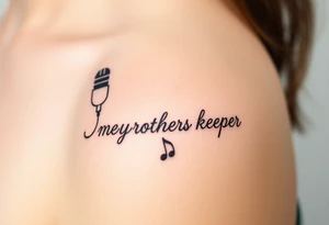 A microphone wire mixed together and writing the words “My brothers keeper” and music notes tattoo idea