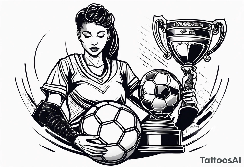 Woman warrior holding a soccer trophy in her hand and sensually wearing a soccer jersey. Holding a weapon in her other hand. tattoo idea