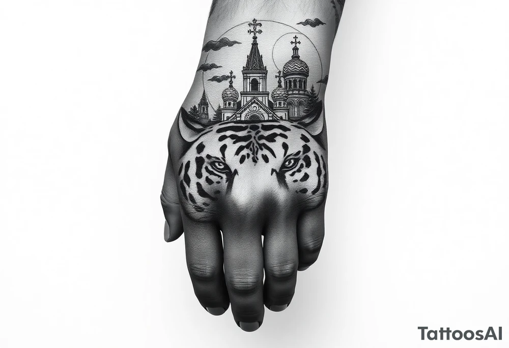 in a dorsal view of the hand and forearm a tiger face on the hand with black hollowed eyes, then above this a orthodox church shrouded with a mist and fading into a virgin mary overlooking tattoo idea