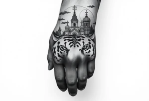 in a dorsal view of the hand and forearm a tiger face on the hand with black hollowed eyes, then above this a orthodox church shrouded with a mist and fading into a virgin mary overlooking tattoo idea