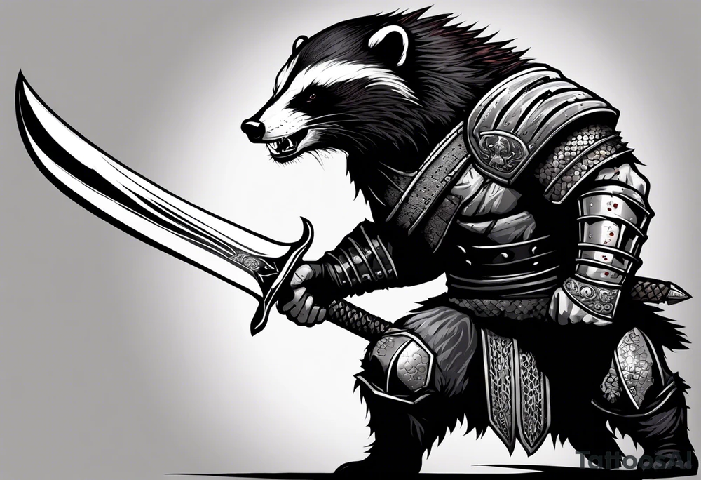 Draw me psychopath Honey Badger/Berserker/Fearless with aggressive full body, killer face with a scary smile, very long nails and he attacks like a Bloody Assassin/Warrior/Gladiator to us and also, he has very deadly looking. He fights with his nails only. Everybody scares after their first sight. Give me horror type Badger Tattoo. I want to see his Realistic full body with no weapons. You can show destruction at the back. tattoo idea