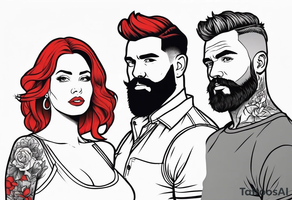 Busty Red haired woman with black haired bearded man tattoo idea