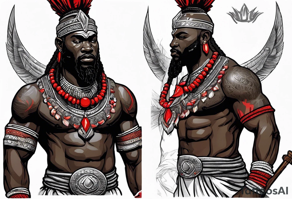 african god of war,  wearing a small metalic silver crown and wearing a red necklace tattoo idea