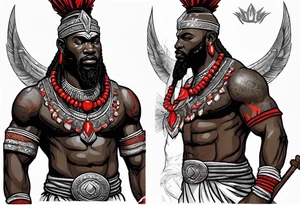 african god of war,  wearing a small metalic silver crown and wearing a red necklace tattoo idea