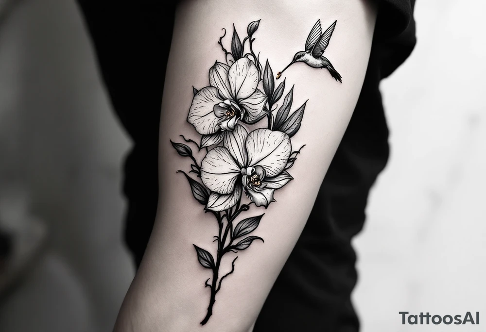 A delicate, black and white fine-line tattoo for male, featuring gracefully detailed 2 orchids in full bloom including their stems, with soft, intricate petals and elegant curves. Beside it, a hummingbird hovers mid-flight, its wings drawn with subtle motion lines, its slender beak reaching toward the orchid’s center to drink its nectar. on the other flower there is a bee that is resting tattoo idea