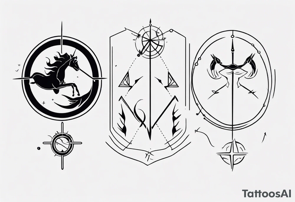 minimalist tattoo of sagittarius, pisces and scorpio signs. With lines around them tattoo idea