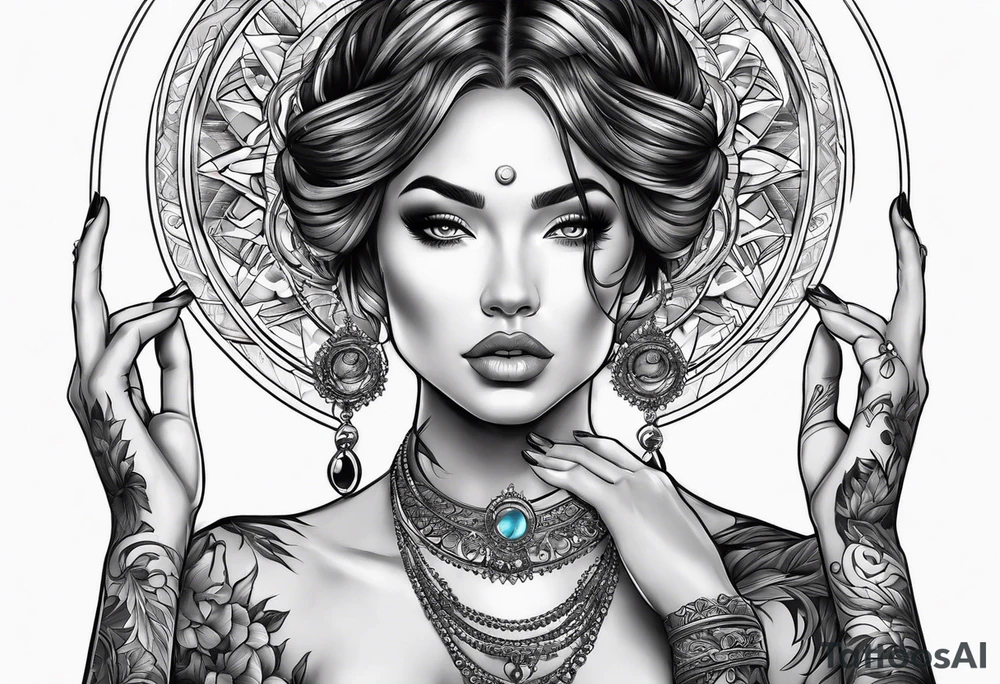 Woman , hands over head , holding orb of life tattoo idea