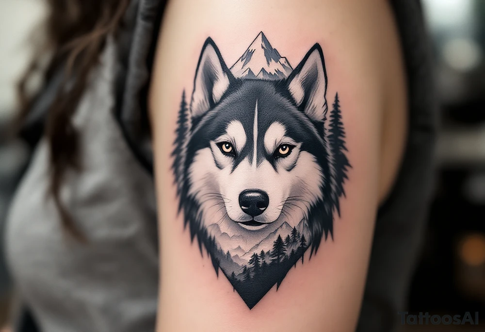Husky and Mountain Range – Gray and white husky head overlaying a subtle mountain silhouette in the background, clean black lines with cold tone shading. tattoo idea