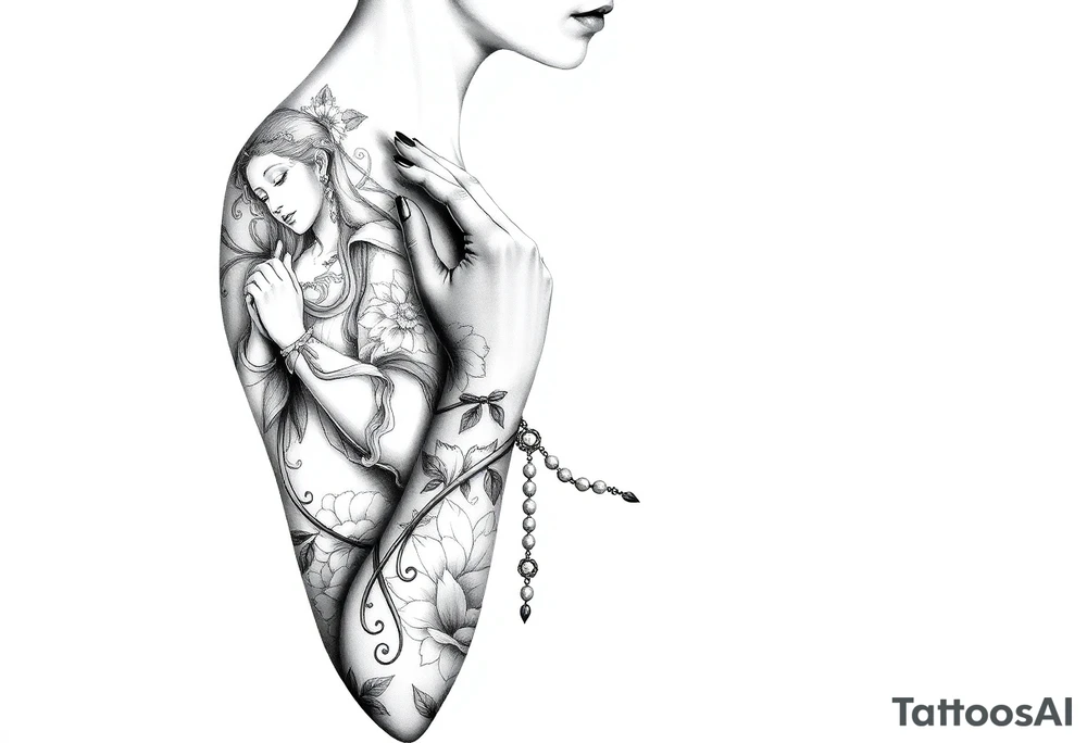 Woman praying with rosary tattoo idea