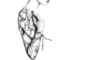 Woman praying with rosary tattoo idea