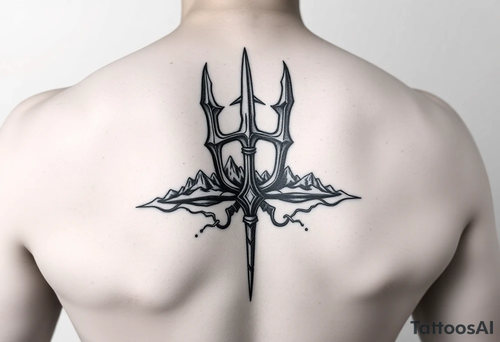 medium size Trident tattoo on the outer arm, insert Atlantis as the background. Black and white only tattoo idea