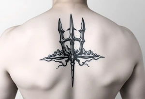 medium size Trident tattoo on the outer arm, insert Atlantis as the background. Black and white only tattoo idea