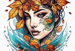 Knee tattoo with fall colors showing leaves, flowers, water flow and sky tattoo idea